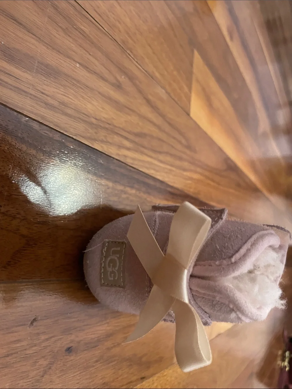 UGG Kids Blush Pink Sheepskin Booties with Satin Bows